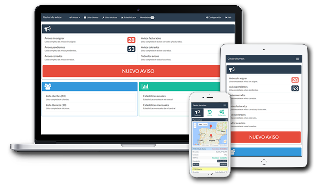 diferentes pantallas reponsive, central, tecnico y cliente