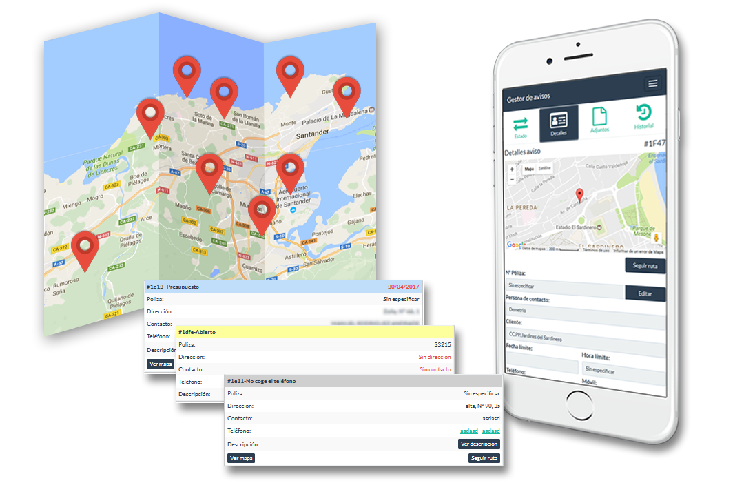 panel de trabajos del empleado en mapa y app movil